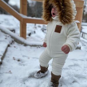 Cozy White Baby Snowsuit with Faux Fur Hood